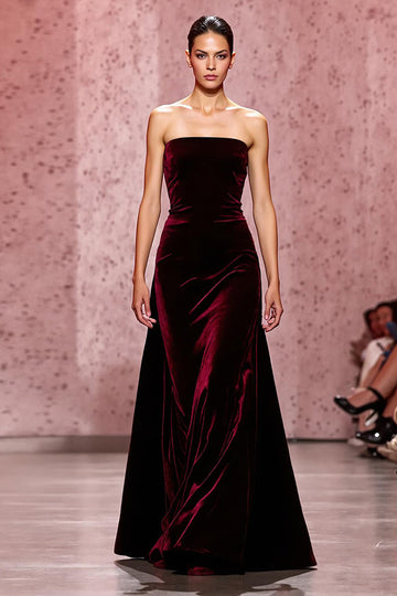 Dark Red Strapless Velvet Long Evening Dress